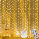 Vicloon Fairy Curtain Lights,300 LED Warm White Curtain Lights,8 Modes 9.89.8Ft Waterproof Window Curtain String Light USB&Battery Powered with Remote Control,String Lights Curtain for Indoor,Outdoor