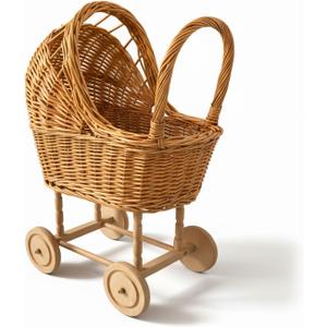 Wicker Carriage,Woven Rattan Stroller Shaped Flower Basket,Natural Willow BranchesUsed for Welcoming Infants, Wedding Parties, Home Decor, Floral Decoration, 21.85x14.37x8.86 inches