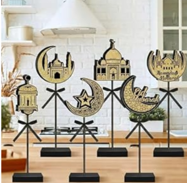 Briwooody 6 Pcs Ramadan Decorations Eid Mubarak Wooden Sign Set Moon Star Shape Tall Standing Islamic Ramadan Table Centerpiece Tabletop Decor Farmhouse Wood Block for Muslim Party Home Decorations