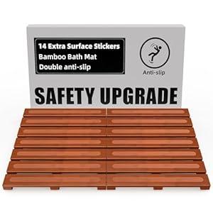 Bamboo Bath Mat for Shower, Dual Anti-Slip for Surface & Bottom, Waterproof Foldable Shower Mat, Easy to Carry and Storage, Perfect for Indoor Outdoor （Brown, 27×16×1.14 Inches）