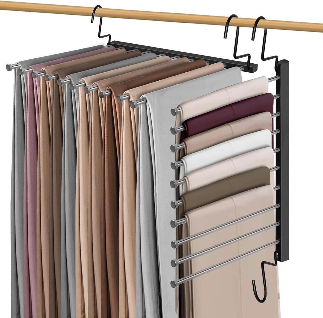 Pants Hangers Space Saving, 10-Tier Stainless Steel Closet Organizer, Plastic-Free, Collapsible Non-Slip Design Space Saving Hangers, Rotation for Legging Pant Rack, Storage and Organization