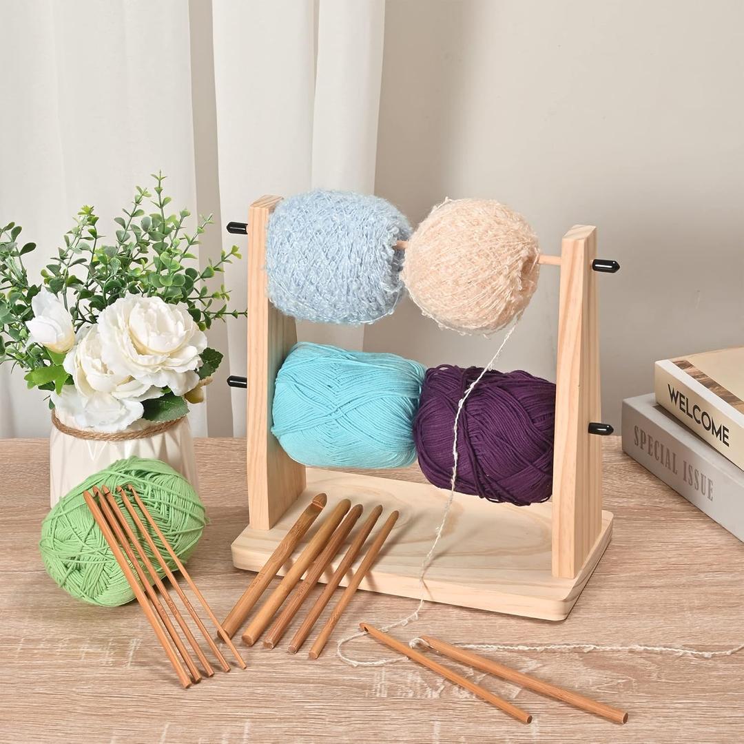 Sparkle Race Wooden Yarn Holder, Double Revolving Storage for Knitting & Crochet Supplies, Horizontal Wood Ball Holder With 12 Bamboo Hooks