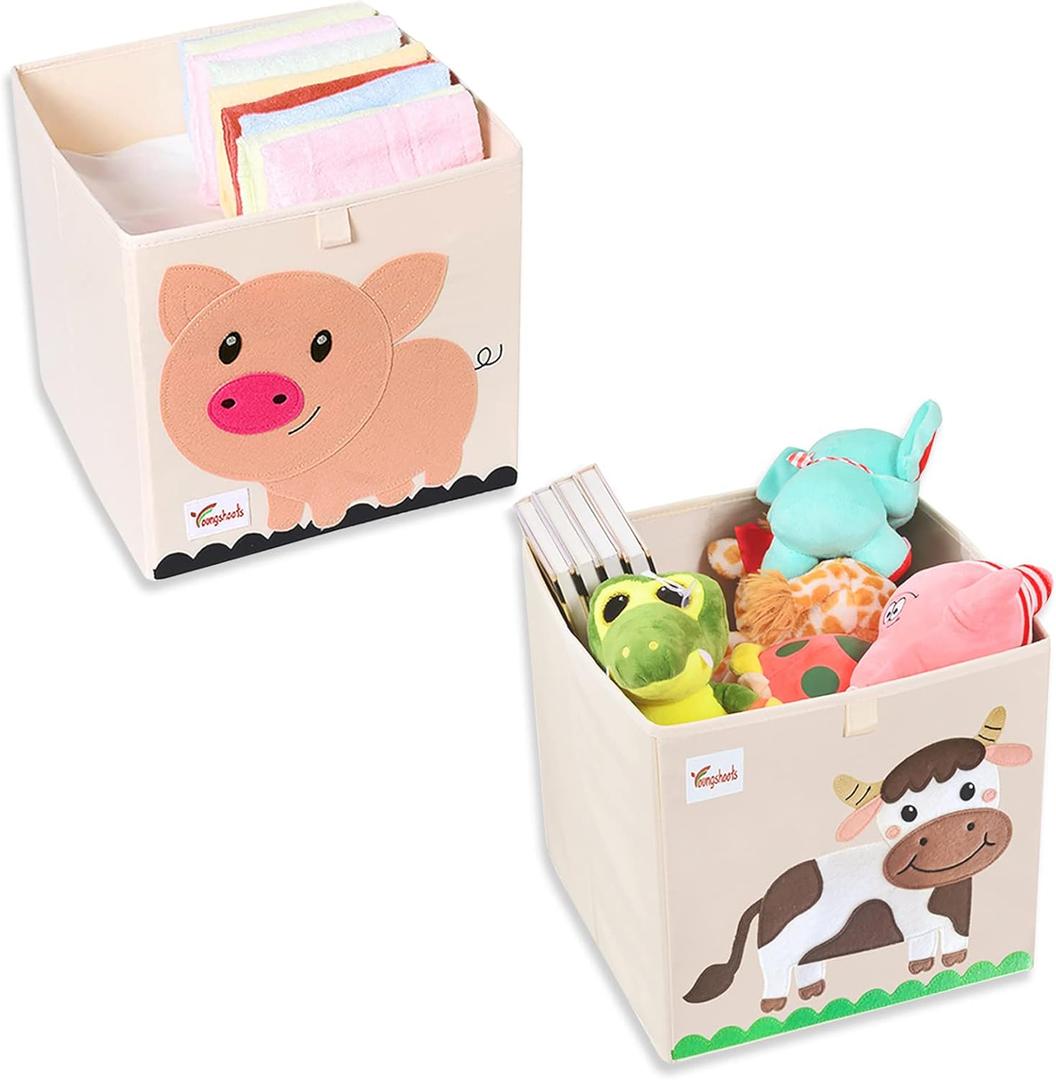 2 Pcs Toy Storage Box, 13 x 13 x 13 Inch Foldable Cube Storage Bins, Collapsible Fabric Animal Toy Bins Chest Basket for Kids Baby Toddlers Organizer (Cow & Pig)