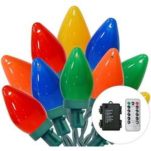 27.5Ft C7 LED Battery Operated Christmas Lights Outdoor with Timer, 8 Mode Twinkle Multicolor Christmas Tree Lights Indoor Outdoor Waterproof for Light up Christmas Tree Home Yard Decor, 50 LED Bulbs