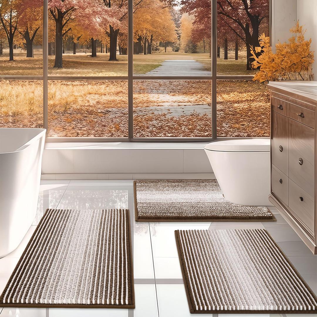BSICPRO Bathroom Rugs Sets 3 Piece, Toilet Rugs U-Shaped Contour Bath Mat Set, Striped Absorbent Non Slip Chenille Shower Mat, Brown