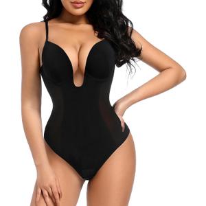 Decorus Women's Low Back Shapewear Tummy Control Deep V Neck Backless Body Shaper Plunge Thong Bridal Bodysuit Built in Bra (Large, Black)