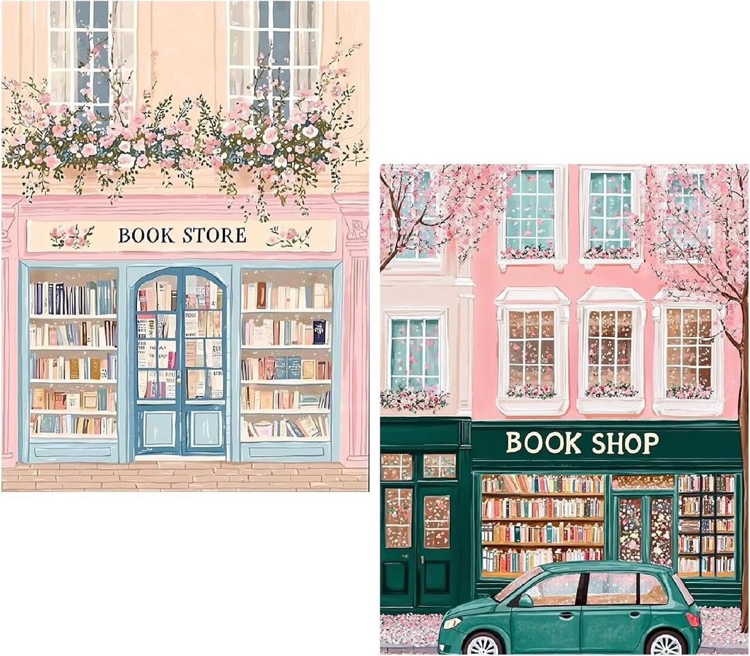 KYOQFVN 2 Pack Book Shop Diamond Art Kits for Adults, Book Shop Diamond Painting Kits for Adults Beginners, DIY Full Round Drill Paint by Diamonds Dot Gem Art for Home Wall Decor 12x16 Inch