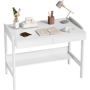 100% Solid Wood Desk with Drawers - 40 Inch Simple Modern Desks, Writing Desk with Drawers & Shelf, Work Study Table, Adjustable Height Home Office Computer Desks - White, 40.5 in W x 23.6 in D