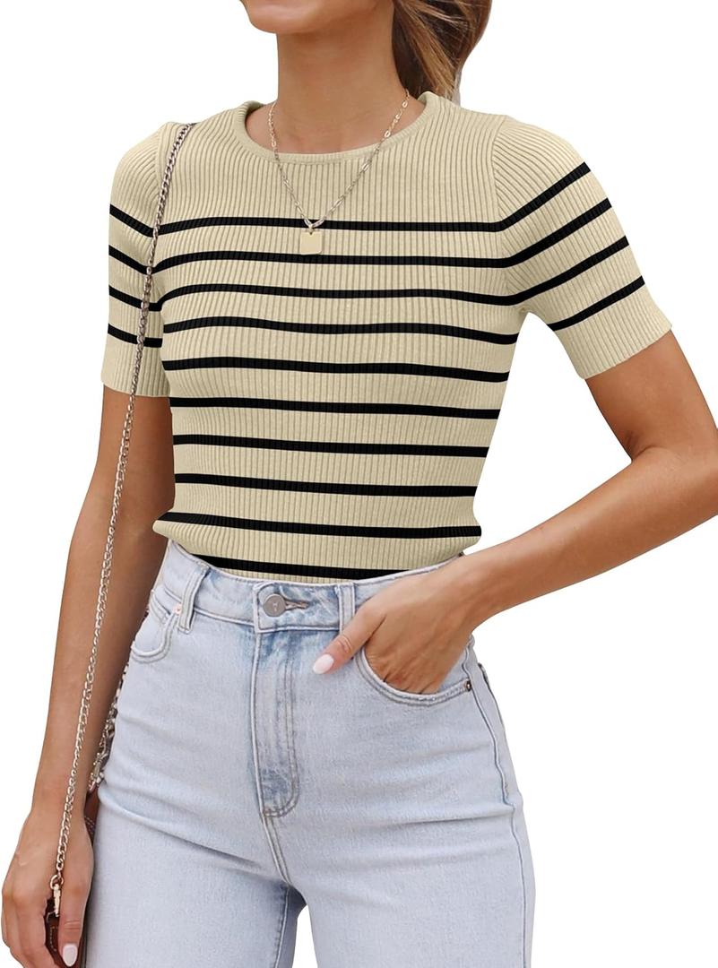 ZESICA Women's Short Sleeve Crewneck Striped T Shirt 2025 Summer Ribbed Knit Slim Fit Casual Basic Tee Tops L 
