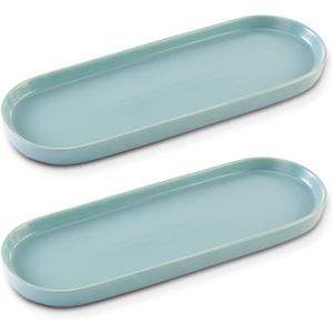 Ceramic Sink Tray, Bathroom Counter Tray, Bathtub Tray, Cosmetics Dish, Candle Tray, Perfume Shampoo Liquid Soap Tray Simple Style Design Suit for Bathroom and Kitchen (2pcs Blue)