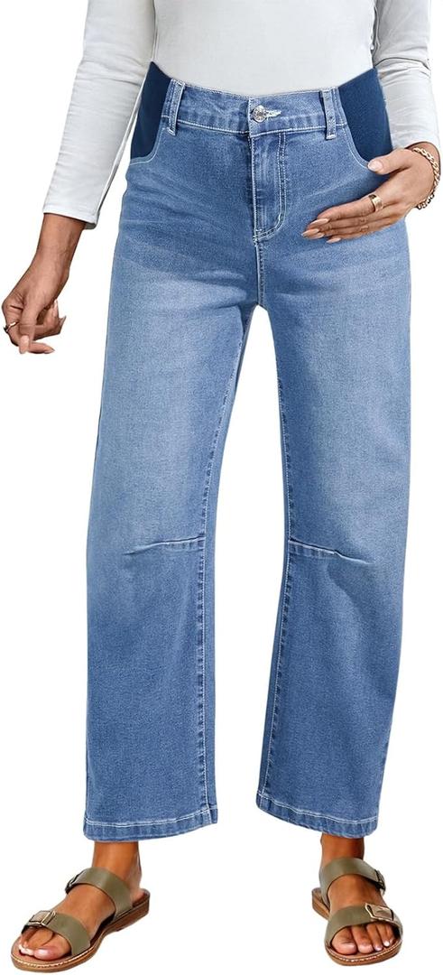 BLENCOT Women's Maternity Jeans Elastic Hight Waist Stretch Barrel Jeans Wide Leg Side Panel Pregnancy Denim Pants, Large