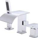 Waterfall Roman Tub Faucet with Hand Shower, Deck Mount Tub Filler Bathtub Faucet with Sprayer, Single Handle Bathtub Faucet Set, Brass Widespread 3 Hole Bathtub Shower Faucet Set, Chrome