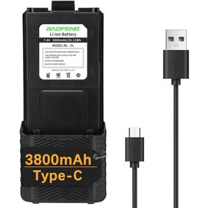 BAOFENG UV-5R Battery BL-5 3800mAh USB-C Charging Extended High Capacity Battery for UV5R BF-F8HP UV-5R Series Radios with Type-C Charging Cable