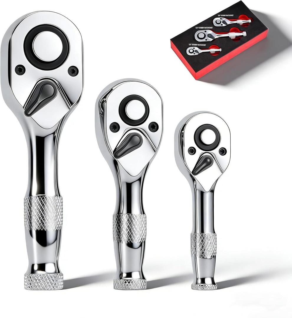 3-Piece Stubby Ratchet Set, 1/4", 3/8", 1/2", 72-Tooth Mini Driver Ratchet Wrench Set, Chrome-Plating & Polishing, Quick-Release, EVA Environmentally Organizer