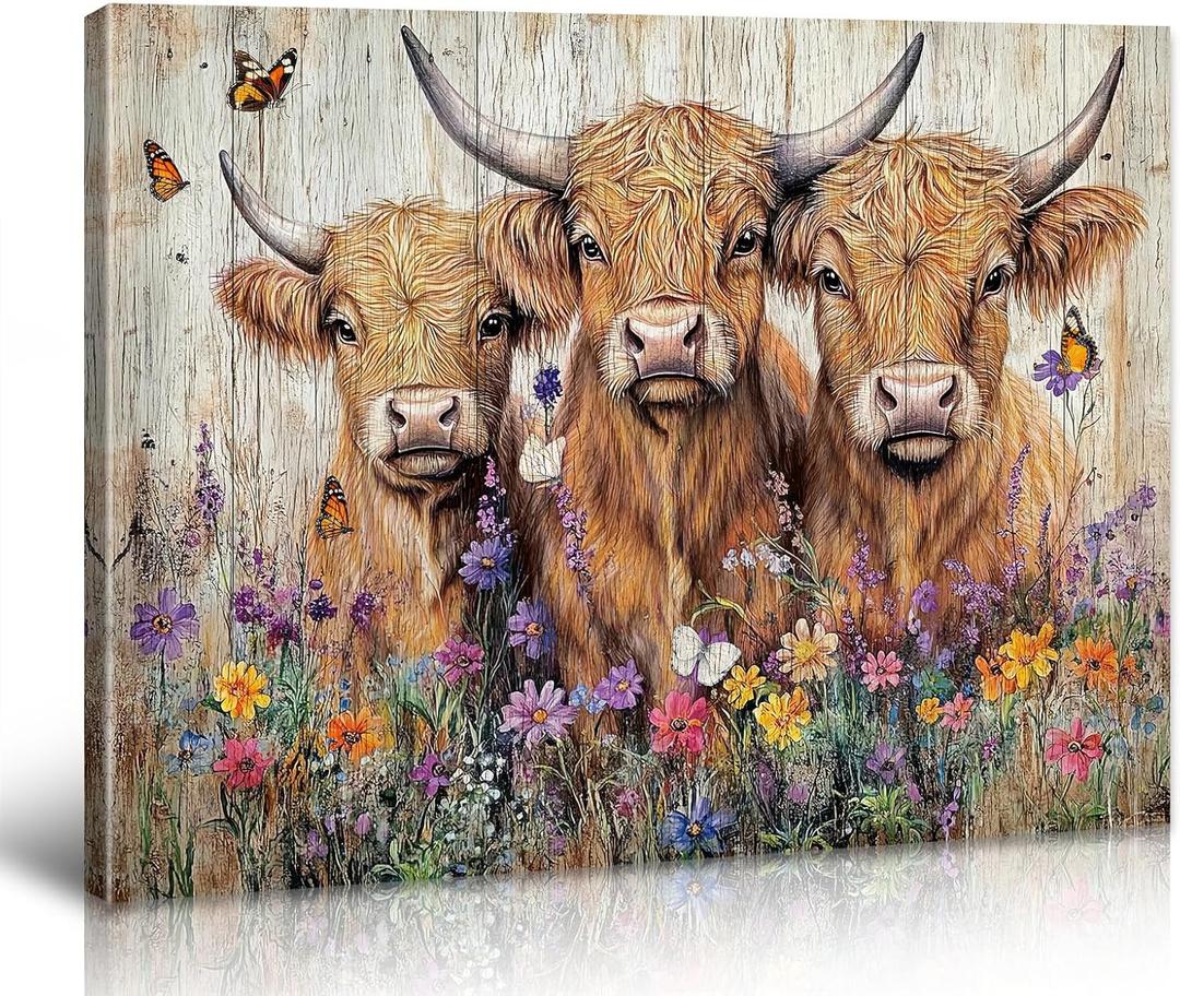 BLINFEIRU Highland Cow Wall Art Decor, Rustic Farmhouse Cows with Flowers Painting Canvas Print, Western Country Animals Picture for Living Room Bedroom Bathroom Decorations, Framed Ready to Hang (16"L x 12"W)