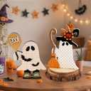 DAZONGE Halloween Decorations Indoor, 2 Pack Cute Wooden Halloween Ghost Witch Decor, Witchy Ghost with Broom & Boo Balloon Centerpieces for Party Mantel Shelf Tabletop (Orange&white)