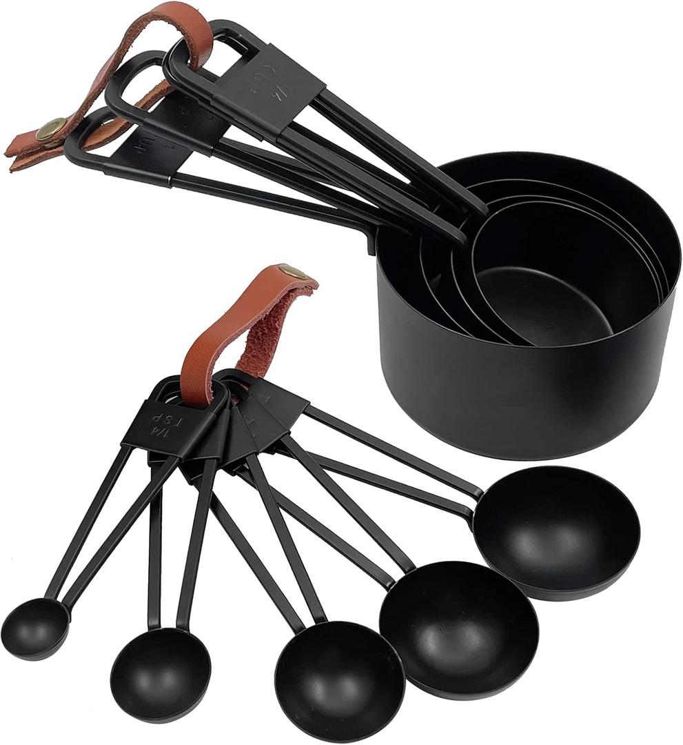 9PCS Black Stainless Steel Measuring Cups and Spoons Set, Heavy Duty Measuring Cup Set (Black-9pcs)