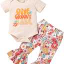YOUNGER TREE Baby Girl 1st Birthday Outfit - My First Birthday Romper & Flared Pants (12-18 Months, Groovy One)