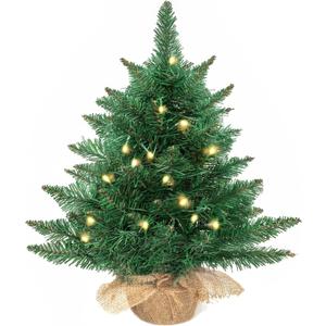 24 Inch Prelit Artificial Mini Christmas Tree,Tabletop Christmas Tree with 30 LED Warm Lights,Desktop Small Xmas Green Pine Tree for Home Decor（Battery Operated）