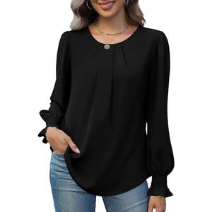 Funlingo Womens Tops Dressy Casual Smocked Long Sleeve Shirts Pleated Crew Neck Loose Chiffon Blouses Fall 2025, Size M