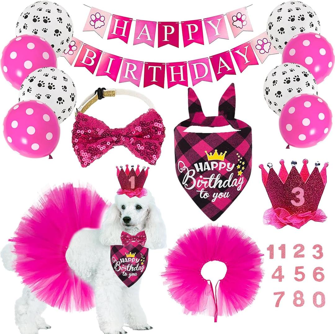Dog Birthday Bandana Girl Dogs Birthday Party Supplies with Red Tutu Crown Scarf Numbers Red Bowtie Tutu Skirt Paw Balloons for Girl Dog Birthdays Decorations Supplies