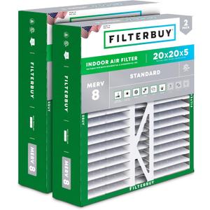 Filterbuy 20x20x5 Air Filter MERV 8 Essential Dust & Allergy Defense (2-Pack), Pleated HVAC AC Furnace Filters for Honeywell FC100A1011, Lennox X0585, and More (Actual Size: 19.63 x 19.88 x 4.38)