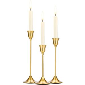 Tifanso Taper Candle Stick Holder - 3PCS Brass Gold Pillar Tall Candlestick Holders Metal Vintage Decor Dinner Table Dining Room Centerpieces Decorations for Wedding Fireplace Mantel Housewarming Gift