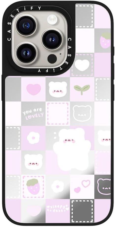 CASETiFY Mirror iPhone 15 Pro Case [Reflective / 4.9ft Drop Protection/Compatible with Magsafe] - Lovely Mochi Checkers - Silver On Black