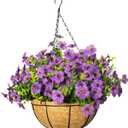 Artificial Hanging Flowers for Outdoors with Basket,UV Resistant Realistic Faux Hanging Plants Outdoor Artificial Flowers for Outdoors Basket for Yard Porch Patio Garden Home Decor,12 Bundles(Purple)