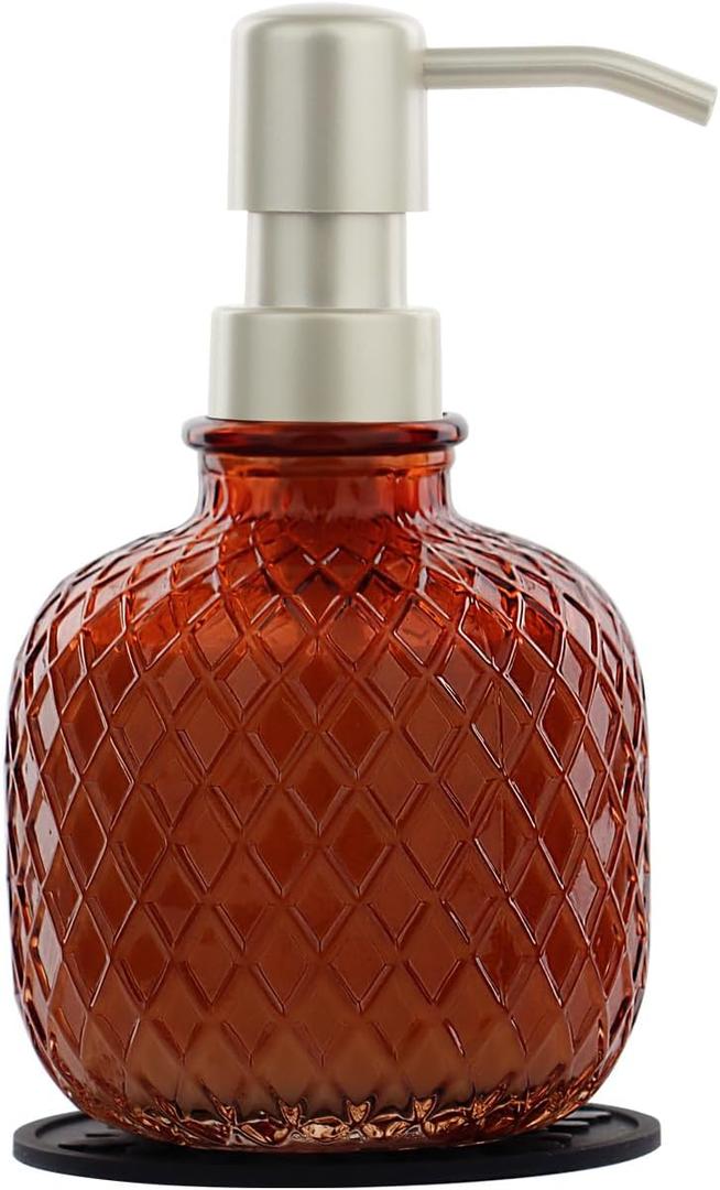 Soap Dispensers with Silicone Mat, for Kitchen and Bathroom Contertop Wash Hand Liquid, Dish Detergent, Farmhouse Style Shampoo Lotion Pump (1, Brown Glass with Champagne, 3-1/2" x 3-1/2" x 6-1/4")
