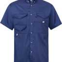 Alimens & Gentle Short Sleeve Fishing Shirt Wicking Fabric Sun Protection Casual Button Down Shirts (Medium, Navy)