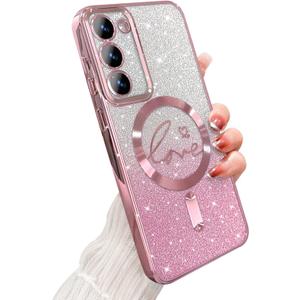 ZONRW for Samsung Galaxy S23 Plus Case Magnetic,for Women Girl Soft Cute Luxury Love Heart Plating Bling Gradient Glitter Phone Case Compatible with MagSafe Clear Shockproof Back Cover 6.6-Pink