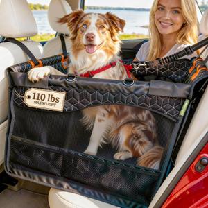 Dog Car Seat for Large Medium Dogs | Waterproof Dog Seat Cover for Back Seat with Hard Bottom | Alloy Twist-Lock Rods | 3 Mesh Windows | Removable Fleece Mat | Cars, SUVs, Trucks