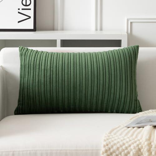 UGASA Velvet 12x20 Inch Lumbar Soft Throw Pillow Cover Boho Farmhouse Decorative Corduroy Striped Both Sides Solid Rectangular Cushion Case for Couch Bedroom Sofa Home, 1 Piece, Moss Green