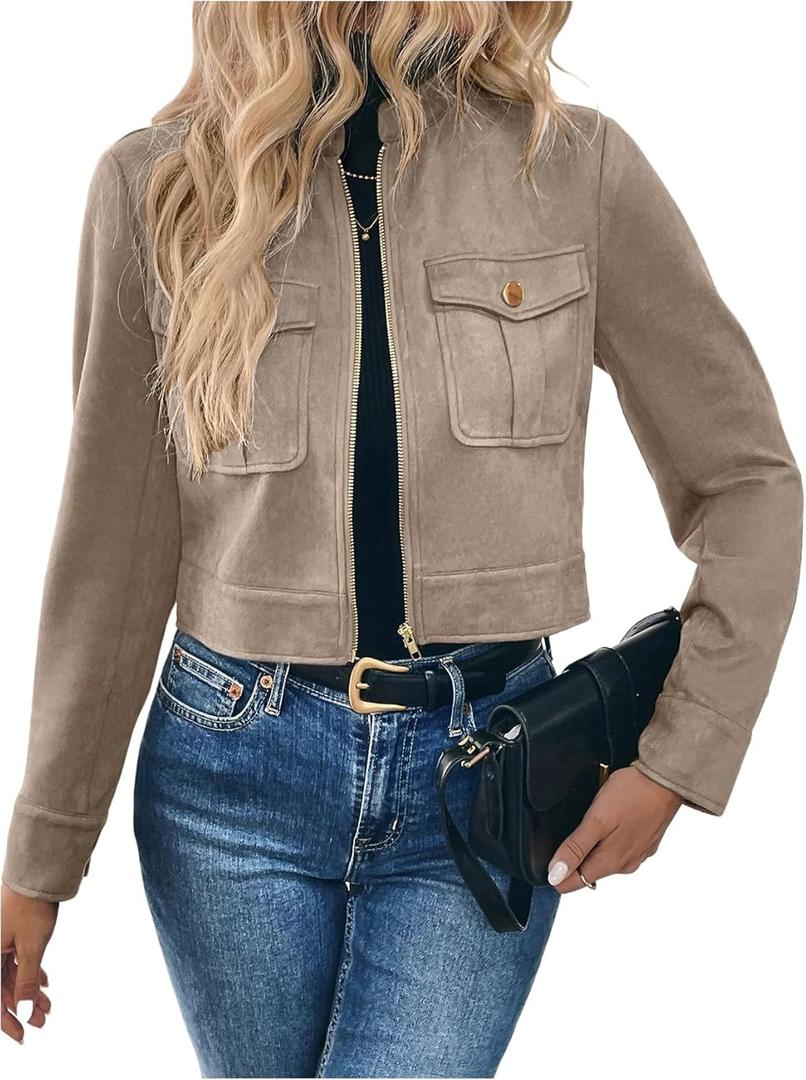 GORGLITTER Women's Zip Up Crop Jacket Faux Suede Long Sleeve Cropped Cargo Jacket Outerwear Trendy Jackets 2025 (Apricot, S)