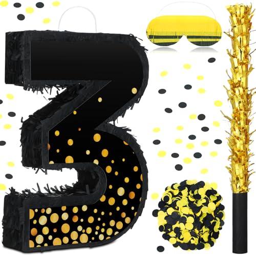 Poen Pinata for Birthday Party Decorations Black Gold Pinata with Blindfold Stick Confetti and Eye Mask for Party Supply Anniversary Baby Shower Retirement Supplies (Number 3)