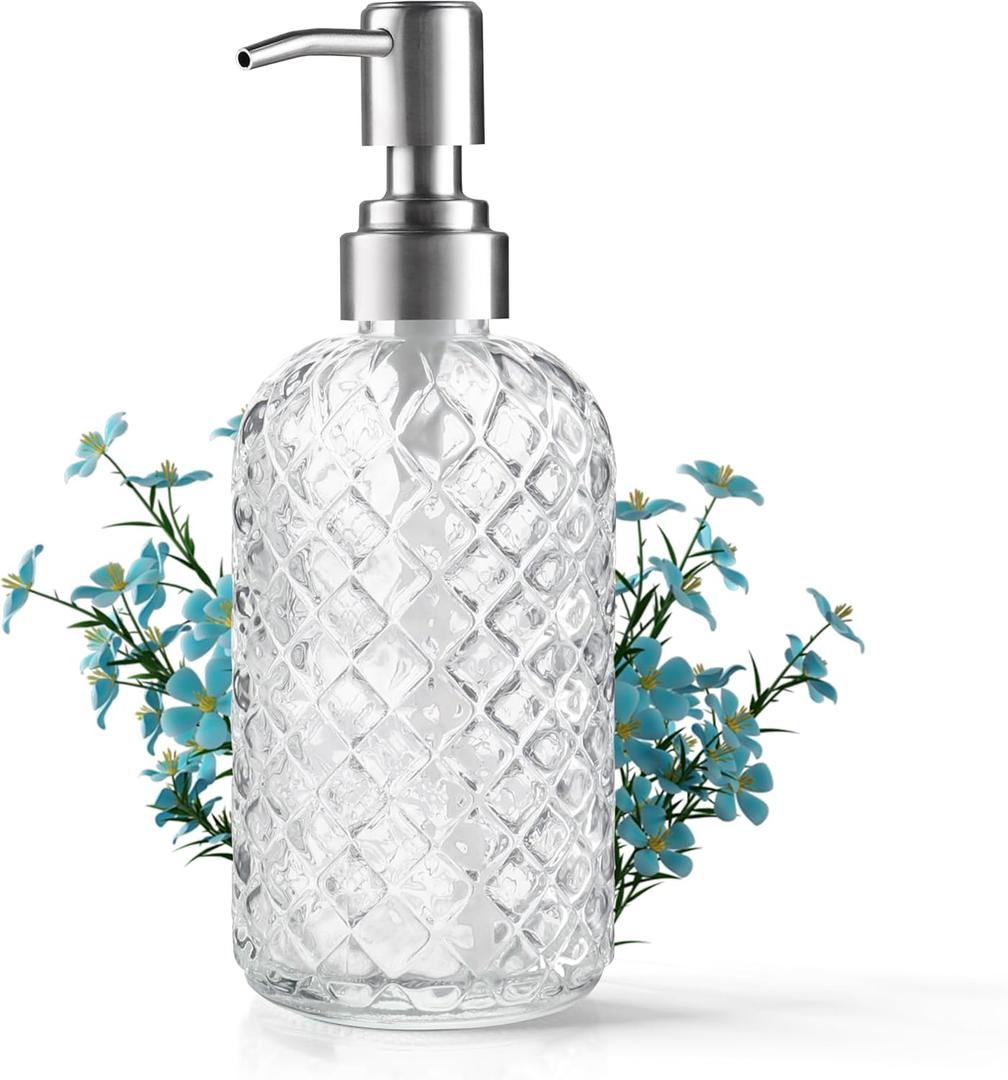 14 Oz Refillable Glass Soap Dispenser with Rust Proof Stainless Steel Pump, for Dispense Hand soap, Body wash, Lotion (Clear)