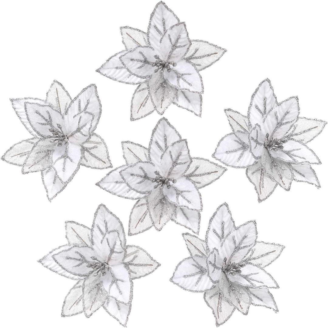 Sea Team 12-Pack Artificial Glitter Poinsettia Christmas Flower Ornaments Tree Decorations, 6.5-inch, Silver