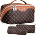 BOYATU Travel Makeup Bag Cosmetic Bags for Women: 3 Pcs Set Large Portable Make up Bag with Handle - Vegan Leather Toiletry Bags with Compartments - Makeup Organizer for Travel Essentials(01-Coffee)