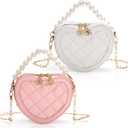 2 Pack Little Girl Purses, Heart Shaped Children Crossbody Bag with Pearl Handle, Mini Cute Kid Purse with Chain Strap, Princess Handbag Wallet Gift for Kids, Easter, Birthday Gift