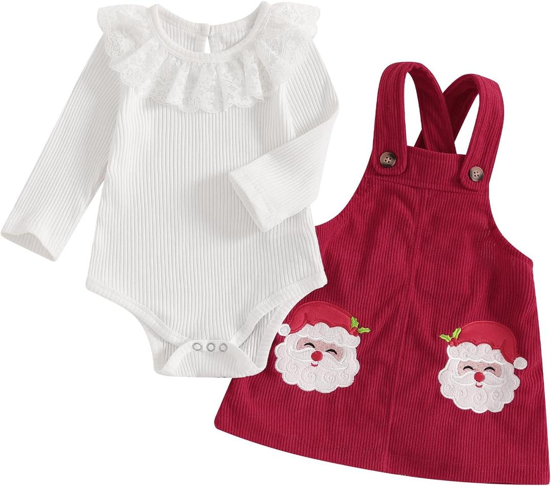 Socutebabe My First Christmas Baby Girl Outfit Newborn Lace Romper and Santa Corduroy Skirt Dress Outfits Clothes (Santa Claus Red, 6-12 Months)