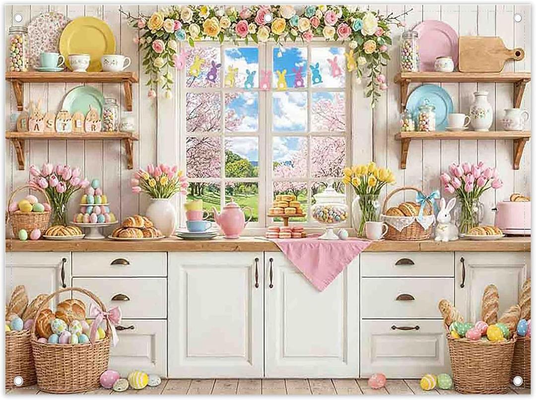 8x6ft Easter Kitchen Backdrop Spring Window View Colorful Eggs Flowers Tuilp Dessert Photography Background Family Festival Party Decorations Photo Booth Banner