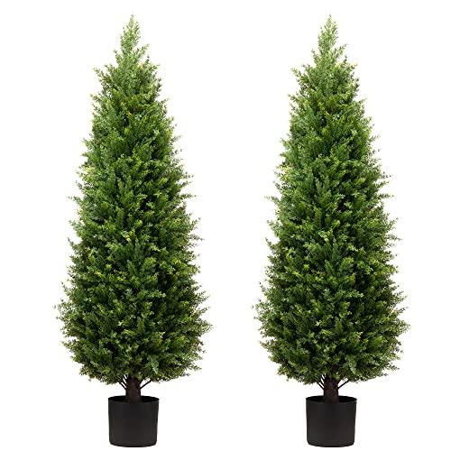 4ft Artificial Cedar Trees Artificial Topiary Trees Set of 2 Faux Cypress Plants UV Resistant Potted Bushes Faux Shrubs for Outdoor Indoor Front Porch Garden