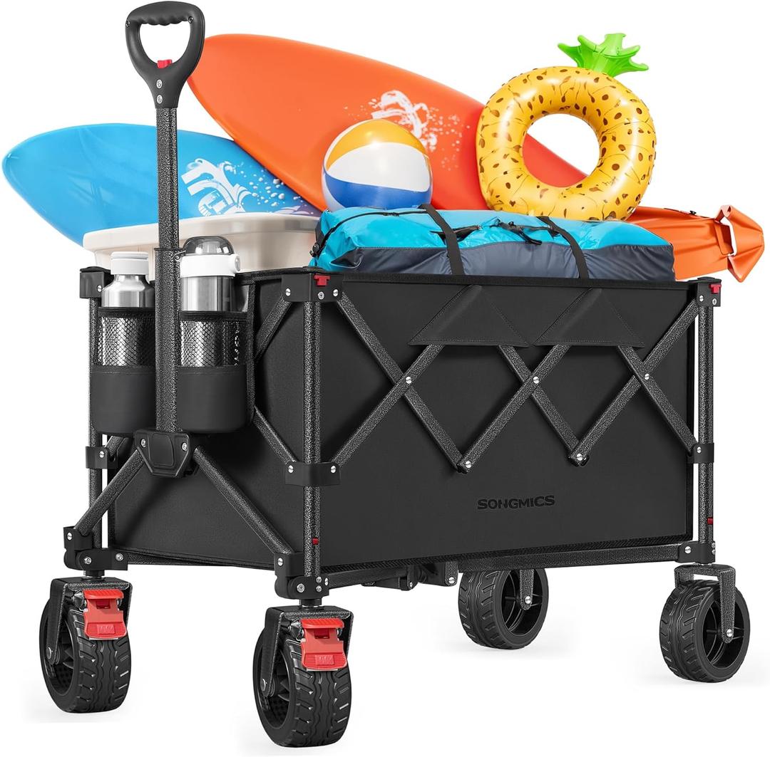 SONGMICS 40-Gallon Collaspible Wagon, Wagons Carts Foldable, for Camping Garden Outdoor, with Handle, Holds up to 330 lb, 4 Removable Wheels, Space-Saving, Ink Black UGFW115B01