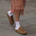 Faux Suede Mules for Women Tassel Flat Loafers Comfort Clog Mules Slip on Round Toe Casual Boat Slippers Shoes (9, Tan)