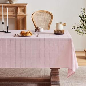 ZeeMart Linen Checked Table Cloth 60x84 Inches (Fit 5ft, Narrow Fit 6ft Rectangle Table), Farmhouse Style Plaid Embroidered Water Resistant Table Cover, Pink