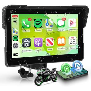 Motorcycle CarPlay Screen 7 Inch Portable Wireless Carplay Android Auto for Motorbike IP68 Waterproof Touchscreen, Supports Airplay & Android Cast, GPS Navigation, Bluetooth, EQ, Voice Control