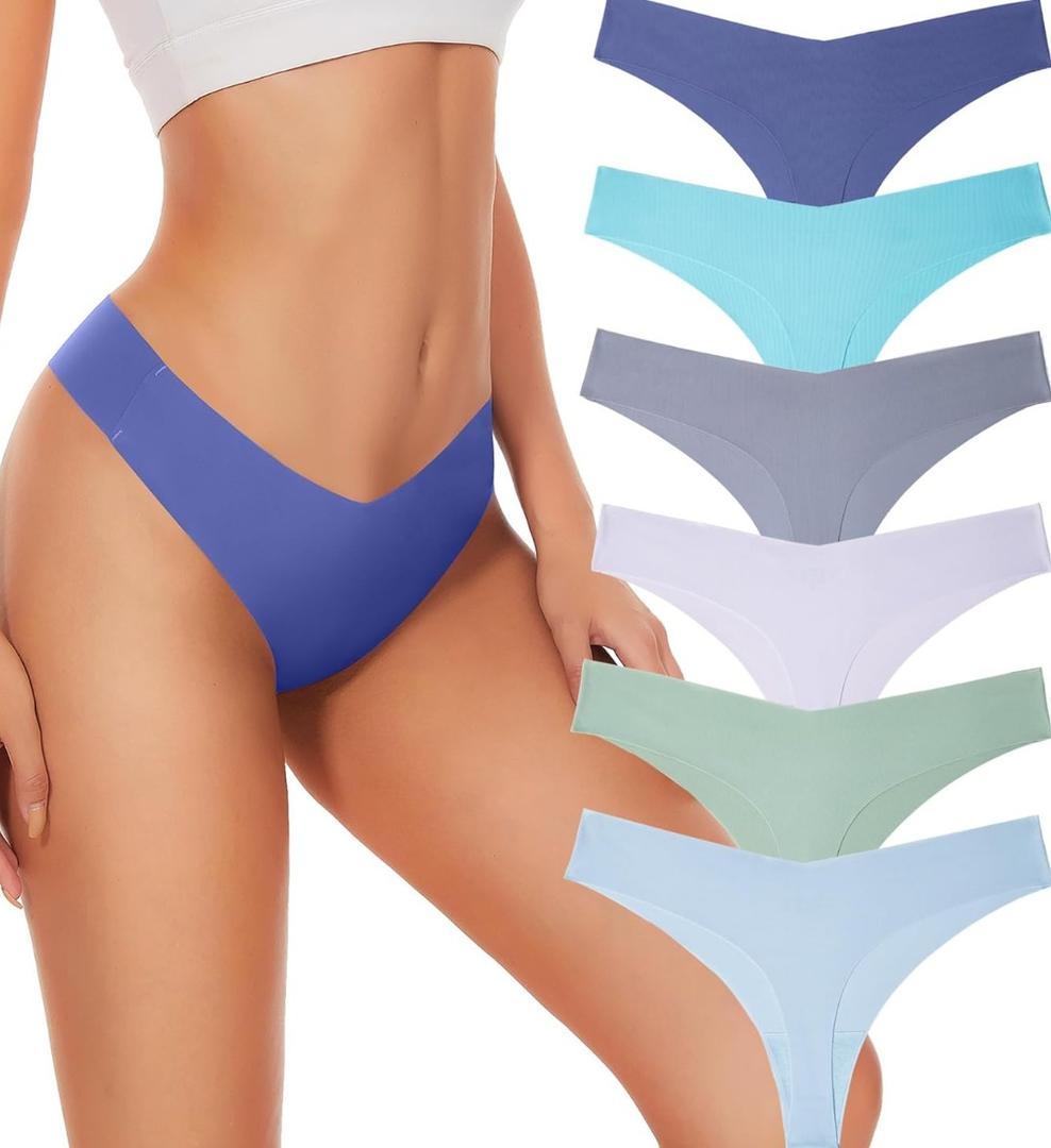 Hellopopgo Seamless Thongs For Women V-waisted No Show Thong Seamless Panties Breathable Comfortable Underwear Womens 6-Pack L
