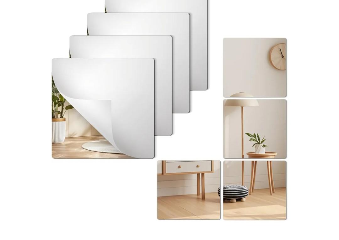 4 Pack Shatterproof Acrylic Mirrors Tiles Self Adhesive Wall Mirror Stickers Unbreakable Plastic Full Length Mirror Sheets Decors for Home Bathroom Bedroom Gym Door Wardrobe Use, 8 x 8 Inches