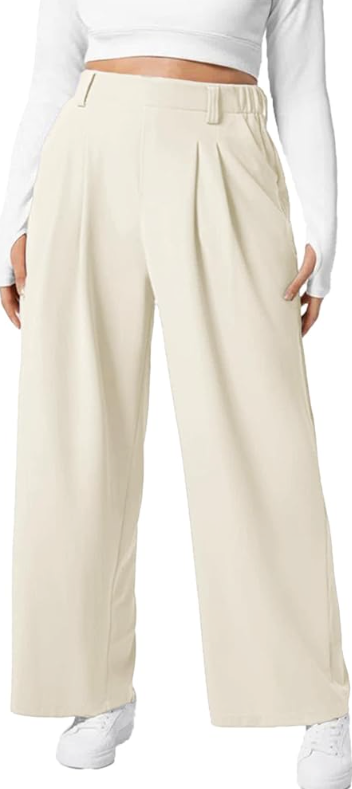 Womens Wide Leg Dress Pants Elastic High Waisted Casual Waffle Palazzo Pants Trousers with Pockets, Size L